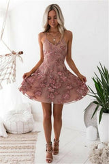 Elegant Pink Floral Homecoming Dresses Spaghetti Straps Lace Appliques Hoco Dresses