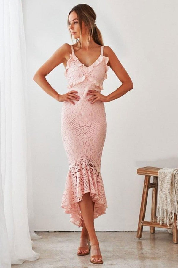 Elegant Pink High low V-neck Chic Homecoming Dress On Sale