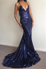 Elegant Sequins Deep V-Neck Prom Party Gowns| Backless Mermaid Chic Evening Gowns