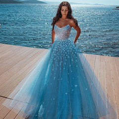 Elegant sky blue Butterfly Strapless Sweetheart Tulle Sparkle Prom Party Gowns