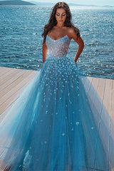 Elegant sky blue Butterfly Strapless Sweetheart Tulle Sparkle Prom Party Gowns