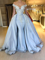 Elegant Sky Blue Mermaid Off-the-Shoulder Prom Dresses Sweetheart Discount Overskirt Evening Dresses On Sale