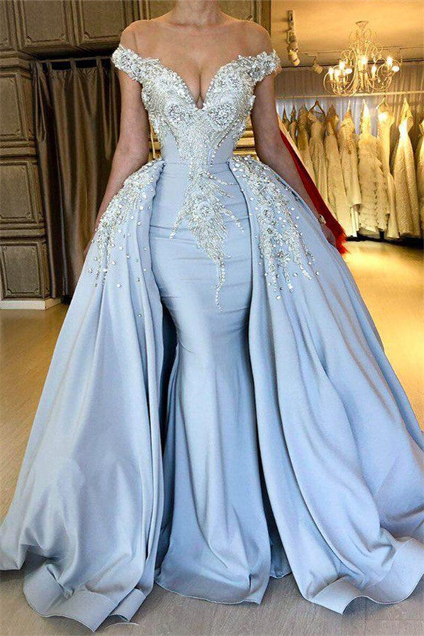 Elegant Sky Blue Mermaid Off-the-Shoulder Prom Dresses Sweetheart Discount Overskirt Evening Dresses On Sale