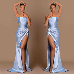 Elegant Sky Blue Strapless Mermaid Prom Dress Long Split