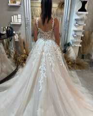 Elegant Sleeveless Straps Lace Wedding Dress Long Slit Online