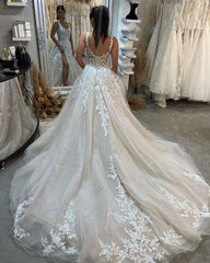 Elegant Sleeveless Straps Lace Wedding Dress Long Slit Online