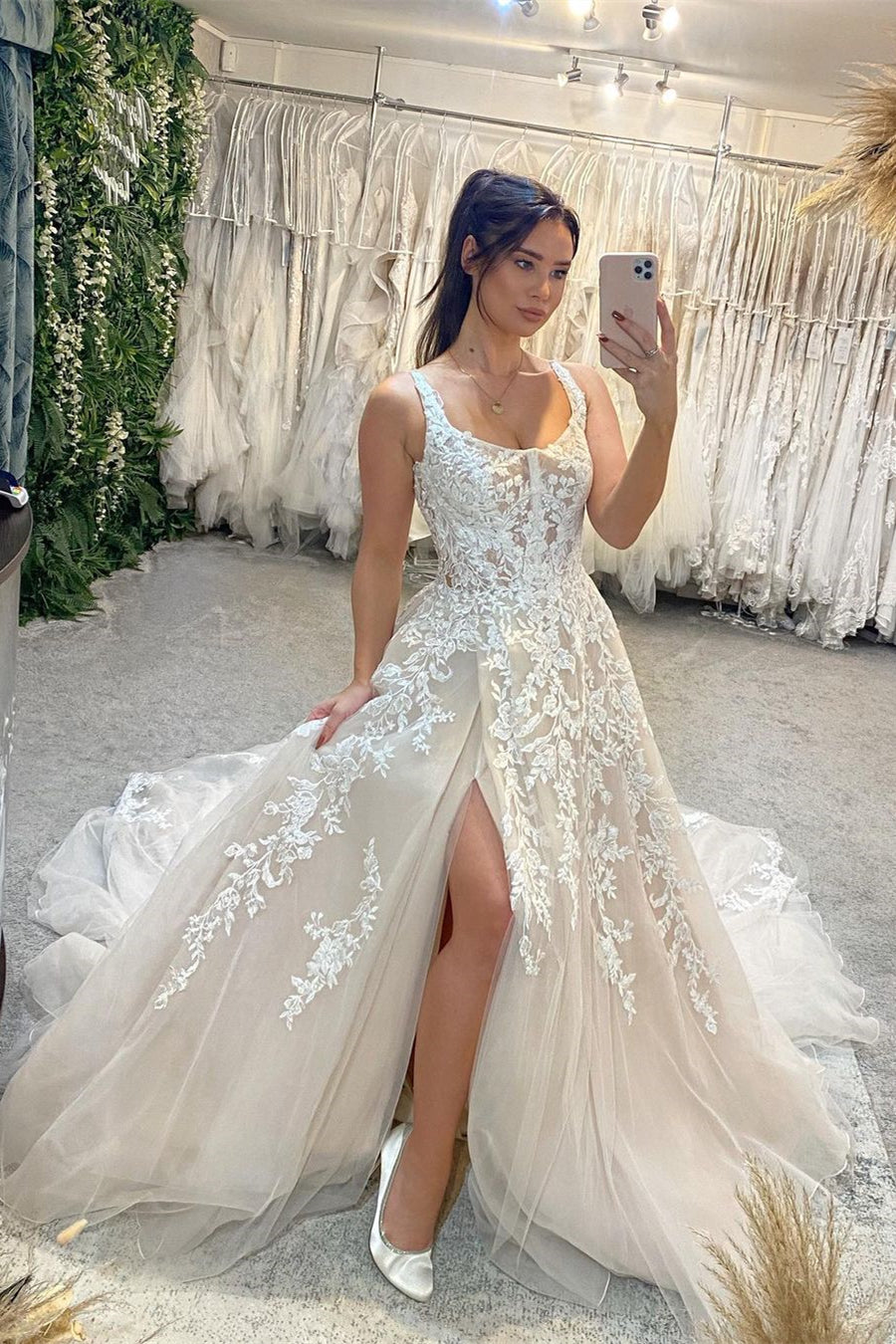 Elegant Sleeveless Straps Lace Wedding Dress Long Slit Online