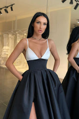 Elegant Spaghetti-Straps Black and White Prom Dress Long With Slit