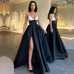 Elegant Spaghetti-Straps Black and White Prom Dress Long With Slit