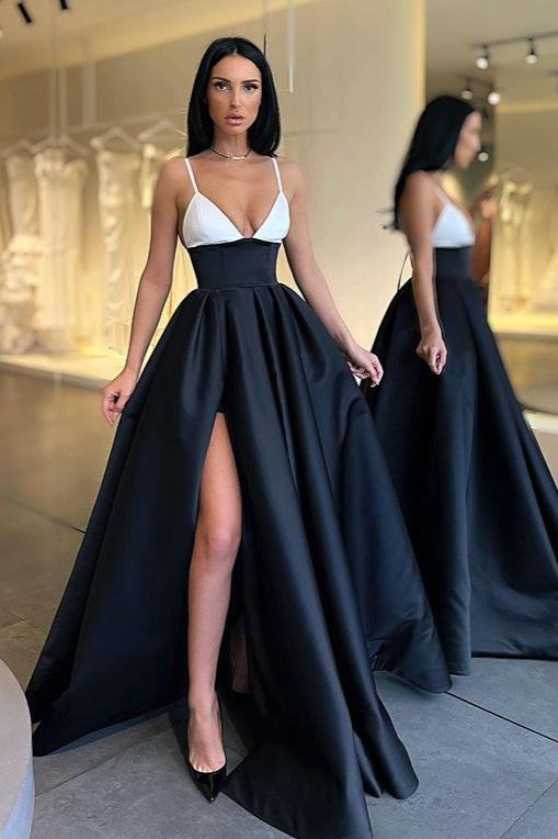 Elegant Spaghetti-Straps Black and White Prom Dress Long With Slit