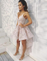 Elegant Spaghetti Straps Lace A-Line High Low Homecoming Dress