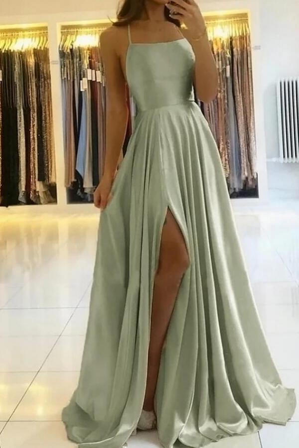 Elegant Spaghetti-Straps Long Prom Dress With Split