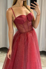 Elegant Sparkle Spaghetti strap Burgundy A-line Princess Tulle Prom Dress