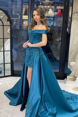 Elegant Sweetheart Off-the-Shoulder Sheath Ribbon Prom Dresses with Appliques