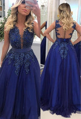 Elegant V-neck Lace Appliques Sleeveless Prom Dresses With Bowknot Beads Waistband Royal Blue Floor Length Beading Evening Gowns