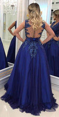 Elegant V-neck Lace Appliques Sleeveless Prom Dresses With Bowknot Beads Waistband Royal Blue Floor Length Beading Evening Gowns