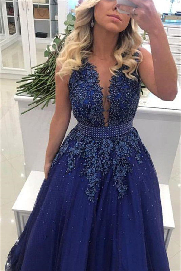 Elegant V-neck Lace Appliques Sleeveless Prom Dresses With Bowknot Beads Waistband Royal Blue Floor Length Beading Evening Gowns