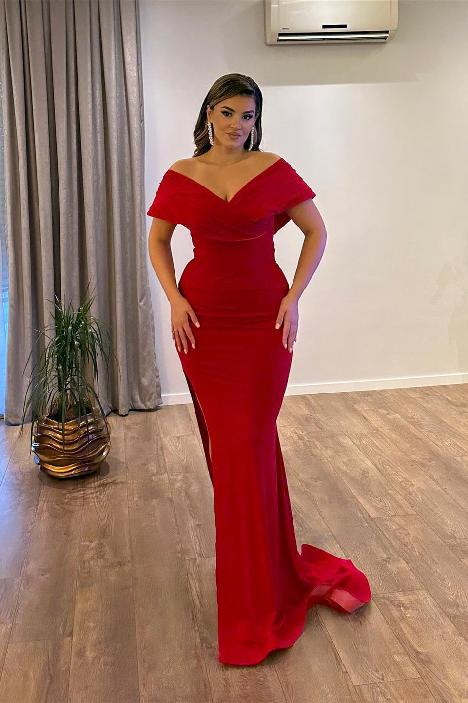 Elegant V-Neck Off-the-Shoulder Mermaid Ruby Prom Dresses Long Slit Online