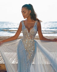 Elegant V-Neck Slim Prom Party Gowns with Detachable Train Mermaid Evening Dress