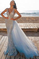 Elegant V-Neck Slim Prom Party Gowns with Detachable Train Mermaid Evening Dress