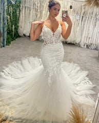 Elegant V-Neck Spaghetti Straps Sleeveless Mermaid Wedding Dress