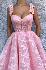 Exquisite Lace Sweetheart Pink Prom Party Gowns| Chic Flower Straps Sleeveless Long Prom Party Gowns