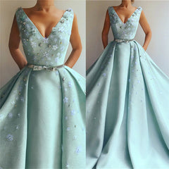 Exquisite Sequins V-neck Sleeveless Prom Party Gowns| Chic Flowers Pearls Long Prom Party Gowns with Beading Sash