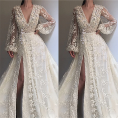 Exquisite Tulle Lace Beading Long Sleevess Prom Party Gowns| Chic V-neck Beading Slit Prom Party Gowns