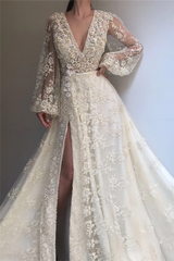 Exquisite Tulle Lace Beading Long Sleevess Prom Party Gowns| Chic V-neck Beading Slit Prom Party Gowns