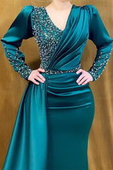 Fabulous Long Satin V-neck Mermaid Evening Prom Dresses With Beading