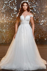 Fabulous Off-the-Shoulder Jewel Cap Sleeves Long Lace Wedding Dresses Online