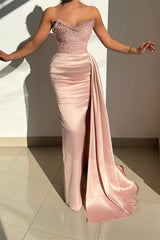 Fabulous Pink Strapless Sequined Satin Evening Prom Dresses with Ruffles