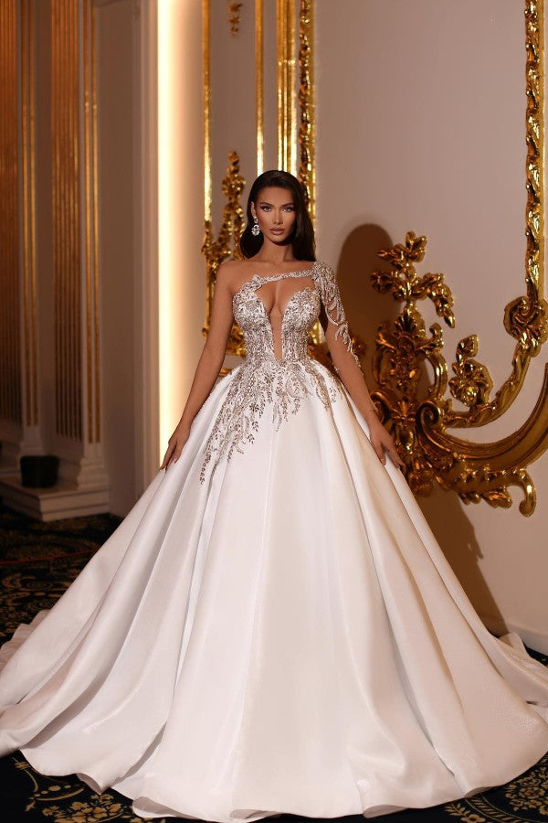 Fabulous Princess Long Long V-Neck One Shoulder Wedding Dresses Online