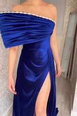 Fabulous Strapless Royal Blue Split From A-line Satin Evening Prom Dresses