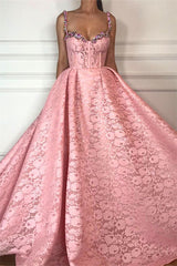Fantastic Ball Gown Straps Sweetheart Pink Lace Beading Long Prom Party Gowns