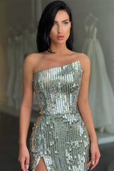 Fashion Silver Sequin Asymmetric neckline High split Prom Dress