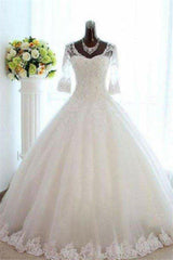 Floor Length Tulle Ball Gown Beading V neck 3/4 Sleeves Bateau Wedding Dresses