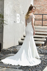 Floral Beaded Cap Sleeve Mermaid Lace Ivory Wedding Dress with Chapel Train