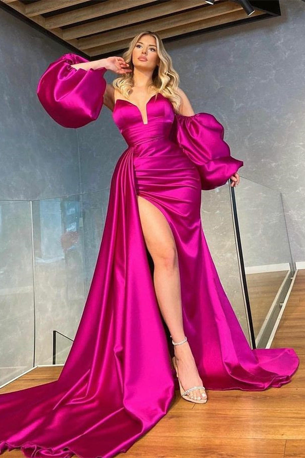 Fuchsia Detachable Sleeves Mermaid Prom Dress Slit With Ruffles