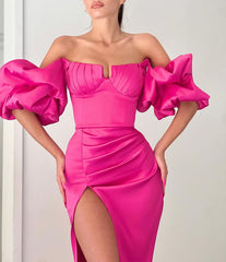 Fuchsia Off-the-shoulder Bubble Sleeves High split Long Mermaid Prom Dress