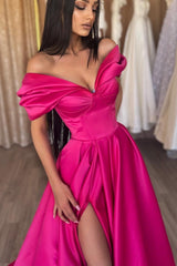 Fuchsia Off-the-Shoulder Prom Dress Long Split V-Neck