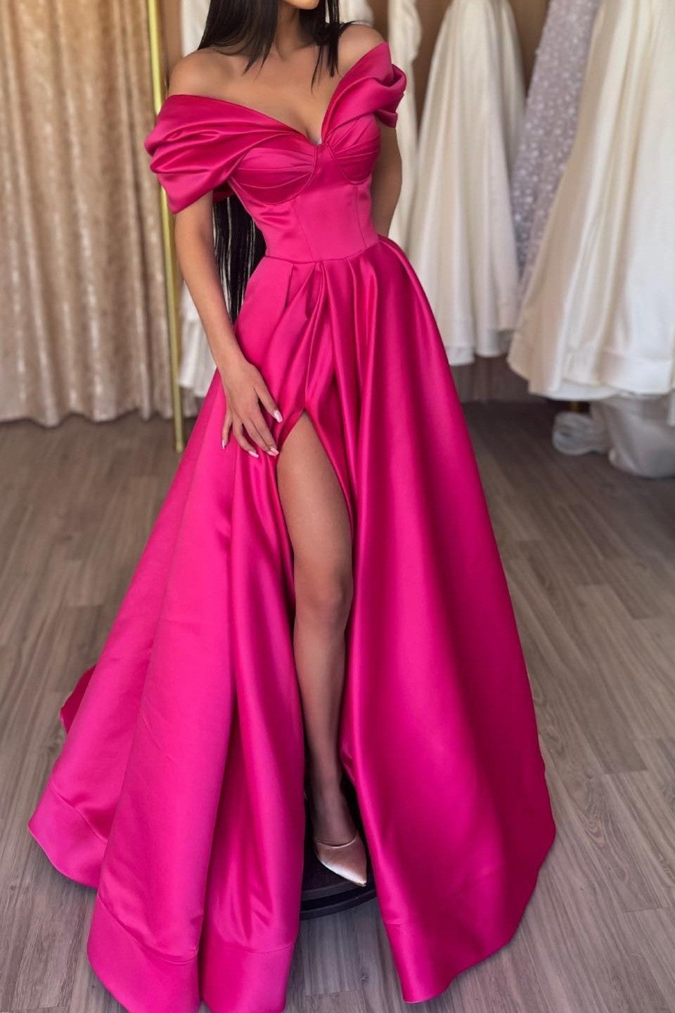 Fuchsia Off-the-Shoulder Prom Dress Long Split V-Neck