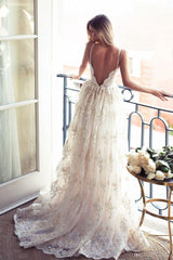 Full Lace Open Back Wedding Dresses Modern Spaghetti Straps Summer Bridal Gowns