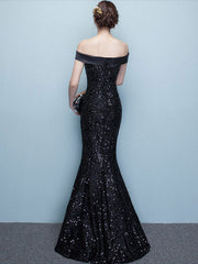 Glamorous Black Evening Dress Lace Sequin Bateau Mermaid Formal Dress Off The Shoulder Floor Length Occasion Dress wedding guest dress