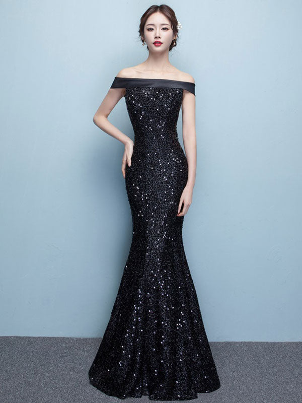 Glamorous Black Evening Dress Lace Sequin Bateau Mermaid Formal Dress Off The Shoulder Floor Length Occasion Dress wedding guest dress