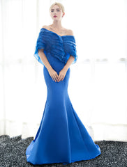 Glamorous Blue Evening Dresses Off Shoulder Mermaid Evening Gown Pleated Satin Formal Dress With Train wedding guest dress