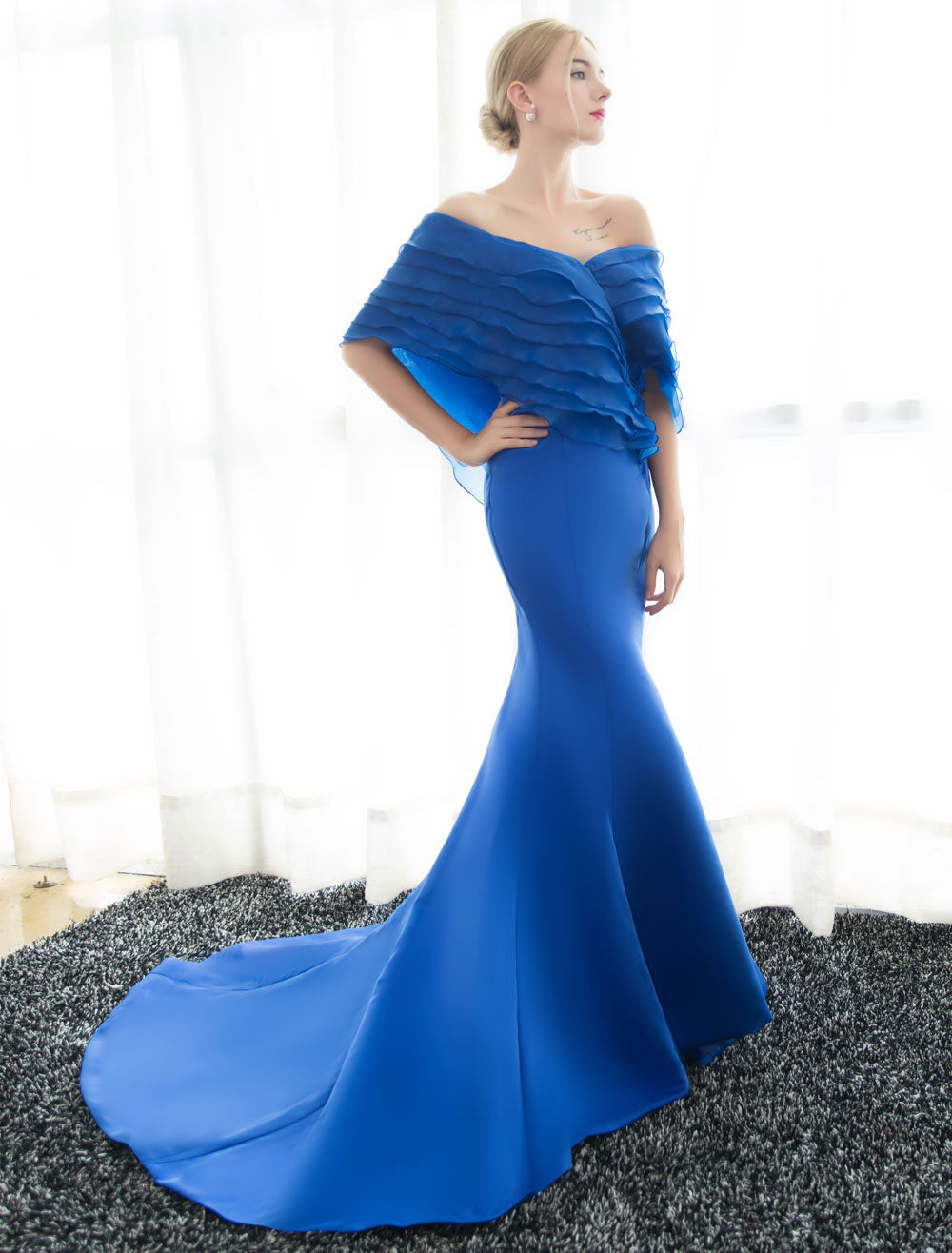 Glamorous Blue Evening Dresses Off Shoulder Mermaid Evening Gown Pleated Satin Formal Dress With Train wedding guest dress
