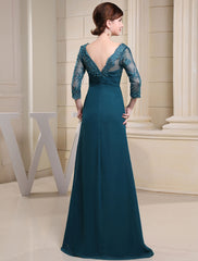 Glamorous Ink Blue Evening Dress Lace Applique Beading V Neck Half Sleeves A Line Wedding Party Dress
