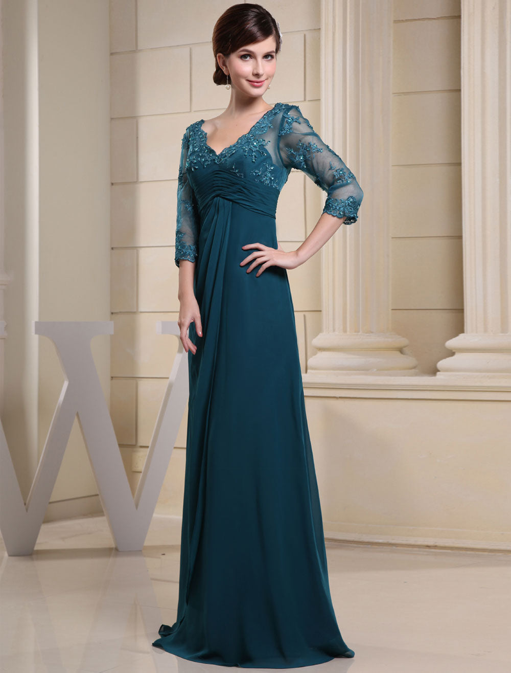 Glamorous Ink Blue Evening Dress Lace Applique Beading V Neck Half Sleeves A Line Wedding Party Dress