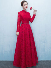 Glamorous Lace Mother Of The Bride Dress Burgundy High Collar Occasion Dress Long Sleeve A Line Wedding Guest Dresses